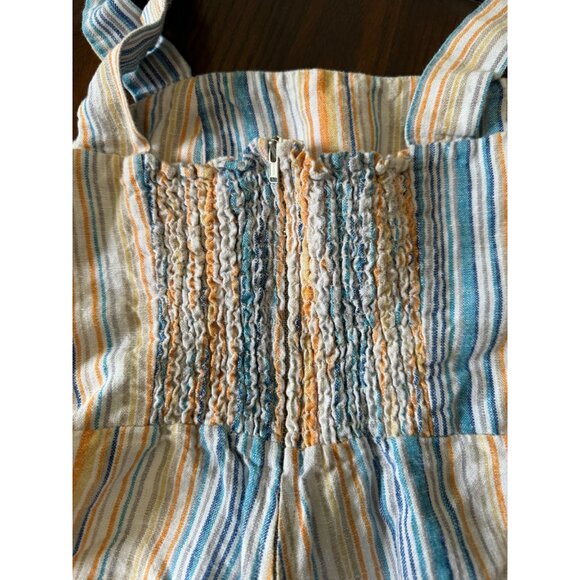 Reformation Island Linen Romper in Marbella Striped White Blue Orange Smocking 2 - Picture 9 of 10